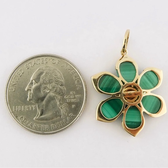 New 14K Yellow Gold Malachite Diamond Ruby Pink Sapphire Flower Pendant or Charm - Picture 8 of 8